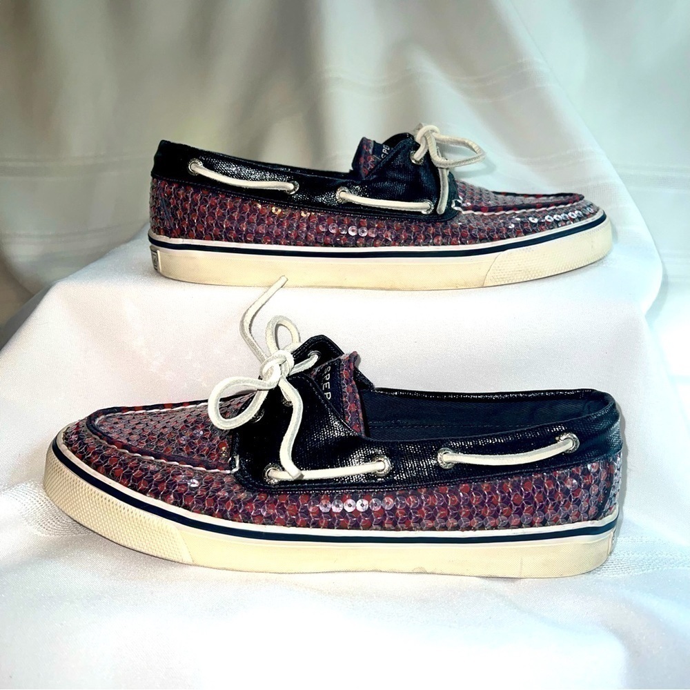 Sperry Top‎ Sider 2-eye Navy Red Polka Dots Clear Sequins Boat Shoes Sz 8 EUC - Picture 4 of 12